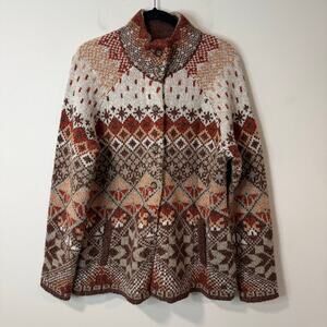 Royal Robbins Mystic Canyon Cardi Sweater Geotmetric Knit Wool Pink Brown XL